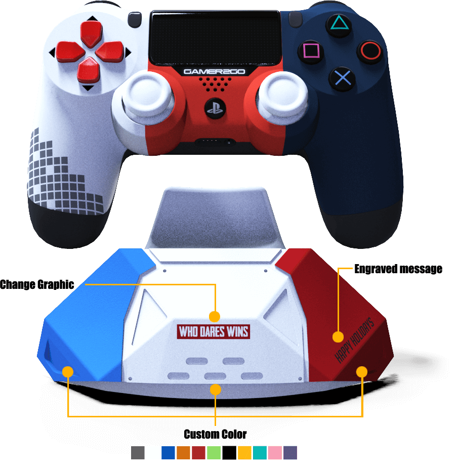 Personalized controller stand with its color options and a custom PS4 controller