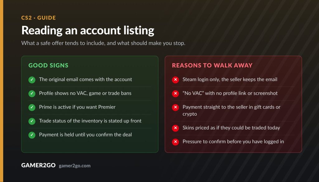 Checklist of good signs and red flags in a CS2 account listing