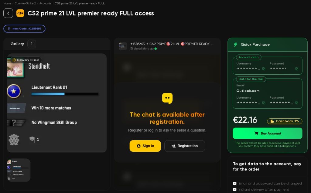 A CS2 account listing on Goranked with the hidden login and the Quick Purchase panel