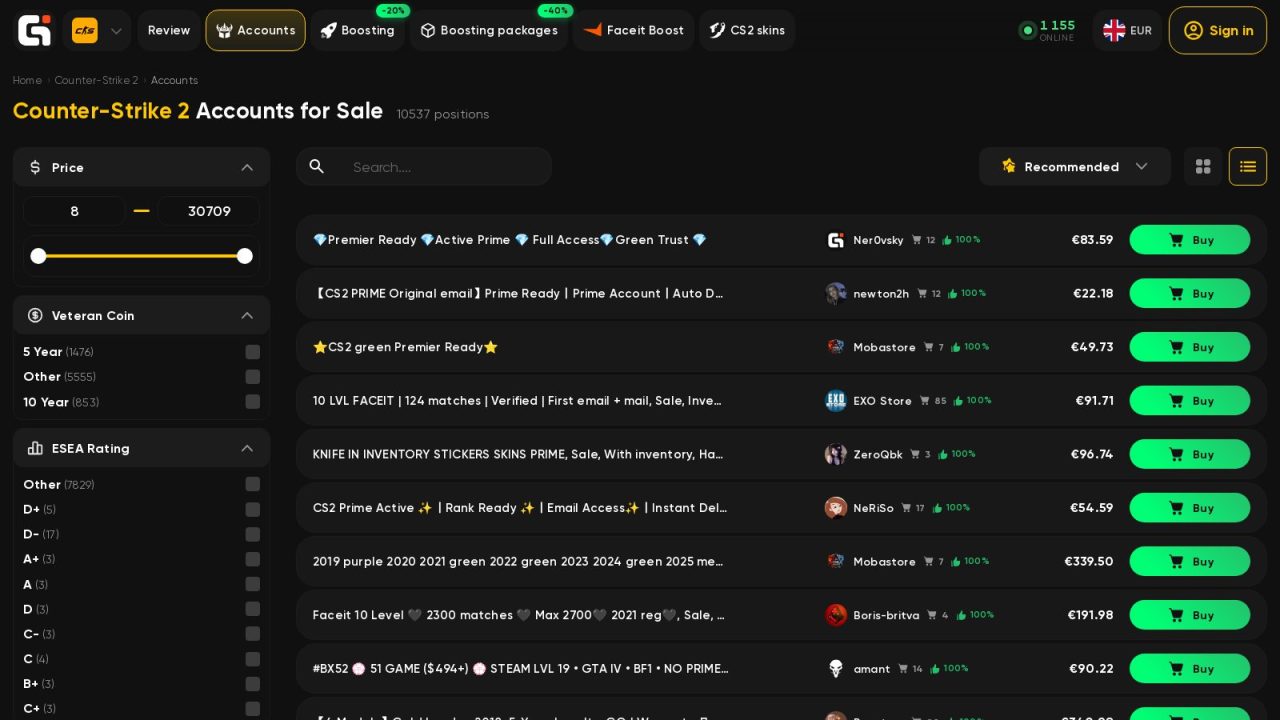 The Counter-Strike 2 accounts catalogue on Goranked with filters and seller listings